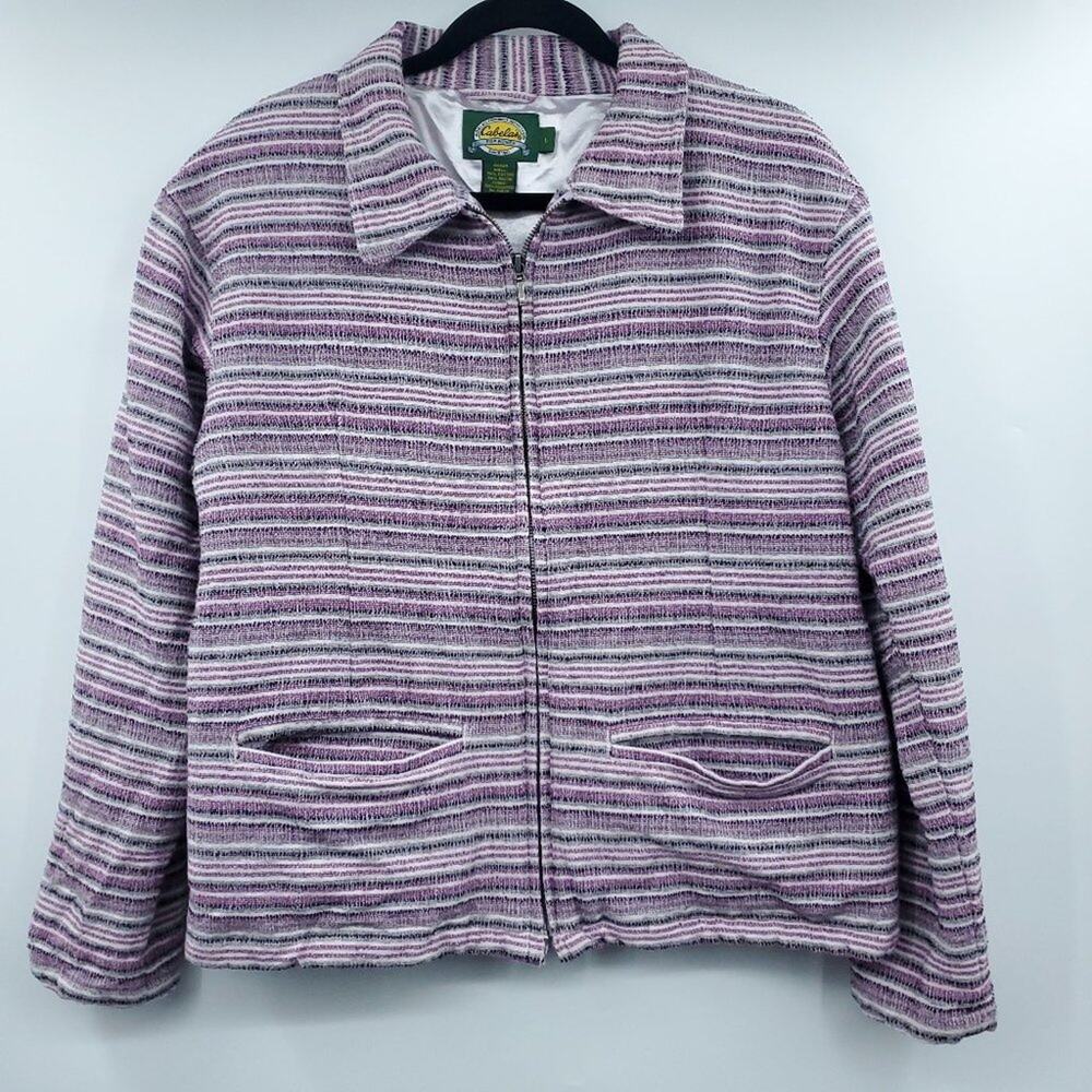 Cabelas Blazer Womens Large Tweed Purple Striped Collared Zip Front Jacket
